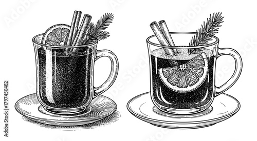 Mulled Wine Glasses in Vintage Engraving in Black and White