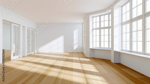 Wallpaper Mural 大きな窓から太陽光が差し込む、木製の床と白い壁の広々とした空の部屋 Torontodigital.ca