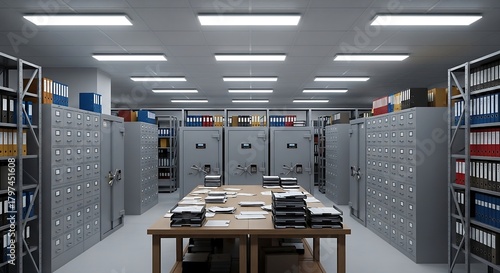 Explore an archive room with organized files, cabinets, and secure vaults, perfect for depicting organization, security, and record management in a business