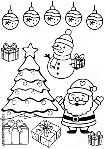 christmas tree, santa, snowman, baubbles and gifts outline; simple coloring page for 6-8-year-old children