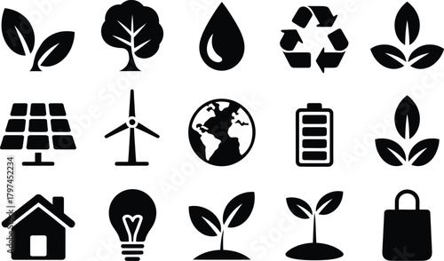 Collection of Black Eco Friendly Sustainable Resources and Symbols Concept