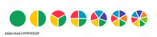 Donut charts. Pies segmented on from 1 to 7 equal parts. Multicoloured diagrams infographic. Circle section graph. Wheels divided in sections. Pie, pizza chart round icons. Loading bar fraction mockup
