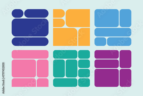 Creative geometric patterns in vibrant colors representing various layout designs