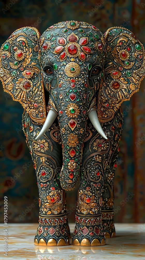Fototapeta premium Majestic jeweled elephant adorned with gold ornaments high resolution picture