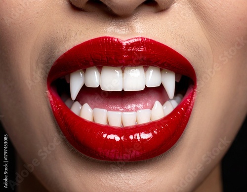 Seductive vampire's smile with glossy red lips and dangerously sharp white fangs