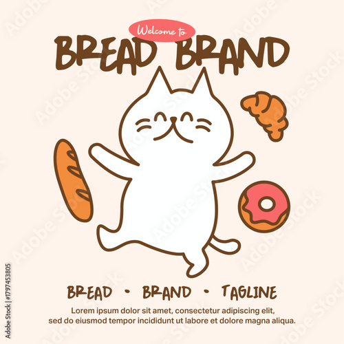 Charming bakery illustration featuring cute cat mascot surrounded by baguette, croissant, and donut. Hand-drawn design with warm colors for pastry shop branding and packaging.