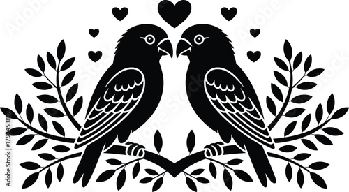 Birds, silhouette, love, romance, heart, branch, perched, couple, nature, symmetrical, black, white, vector, illustration, affectionate, design, mirrored, leaves, feather, peaceful