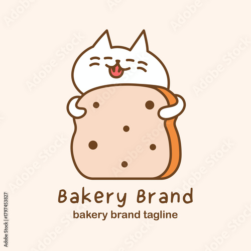 Cute bakery logo featuring adorable cat mascot hugging chocolate chip bread slice. Hand-drawn illustration with warm tones for dessert branding and packaging.