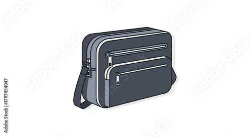 A dark grey messenger bag with multiple zippered compartments and a shoulder strap.