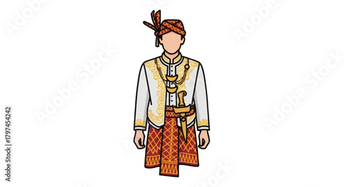 Man in Traditional Indonesian Wedding Attire with Ornate Headwear and Sarong.