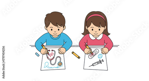 Young children drawing medical equipment and supplies with crayons.