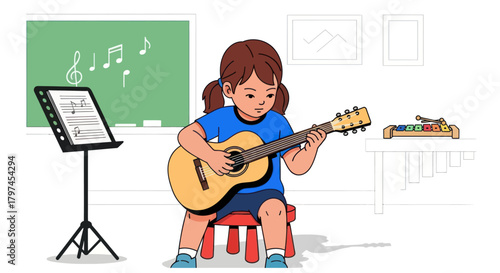 Young girl learning to play acoustic guitar in a music lesson.