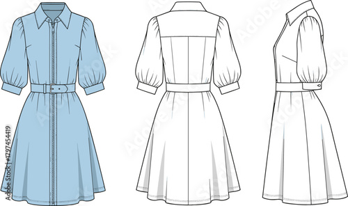 Cad drawing flat vector illustration of women’s belted shirt dress showing detailed front, back, and side technical fashion sketch with puff sleeves