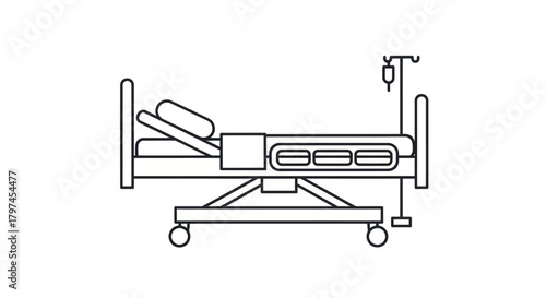 Hospital Bed Outline Illustration with IV Drip Medical Equipment.