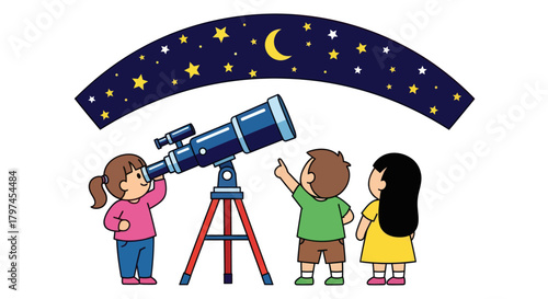 Three cartoon children stargazing with a large blue telescope at the night sky.