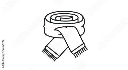 Line art illustration of a rolled winter scarf with fringed ends.