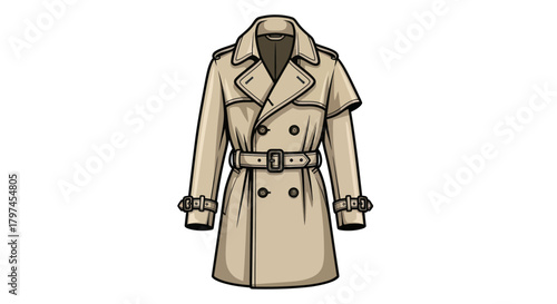Classic beige double-breasted trench coat illustration with belt and epaulets.