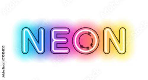 Colorful Neon Word Sign with Glowing Effect.