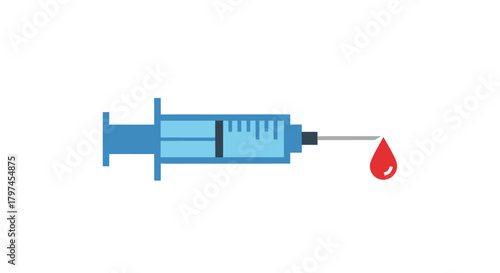 Blue Syringe with Needle and Red Blood Drop Medical Injection Tool.