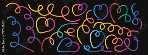 Vibrant gradient doodle lines forming hearts and playful swirls