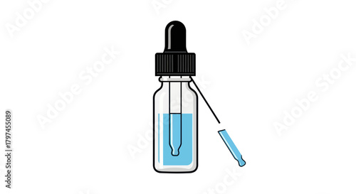 Dropper Bottle with Blue Liquid and Detached Dropper Tip Medical or Cosmetic Use.