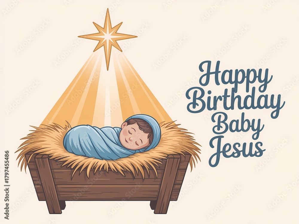 Fototapeta premium A gentle illustration of baby jesus in a manger under the star of bethlehem