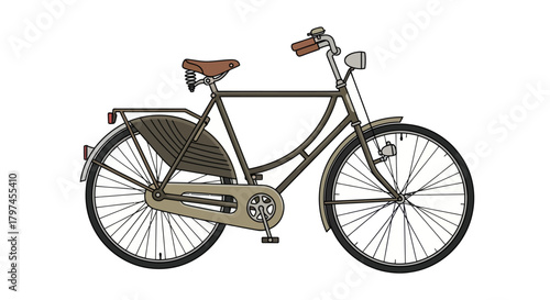 Classic Vintage City Bicycle with Dark Frame and Brown Seat.