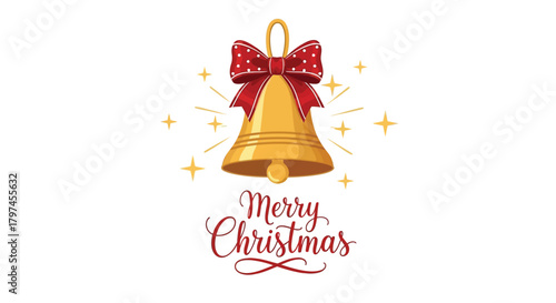 Golden christmas bell adorned with a red polka dot bow and sparkling stars wishes merry christmas