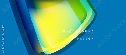 Abstract vibrant layers create dynamic visual effect. Blue background contrasts with yellow, green gradients. Modern design element.