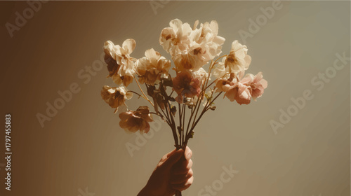 Vector illustration, hand holding a bouquet of flower, against beige wall.