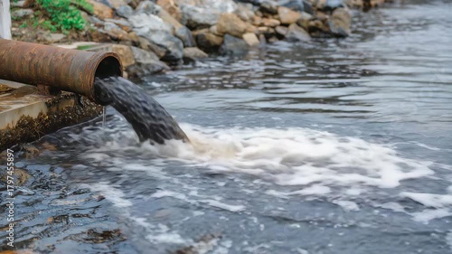 Wallpaper Mural 41Close-up of dark industrial waste gushing from a rusted metal pipe into a murky river, swirling foam and oily reflections polluting the water surface Torontodigital.ca