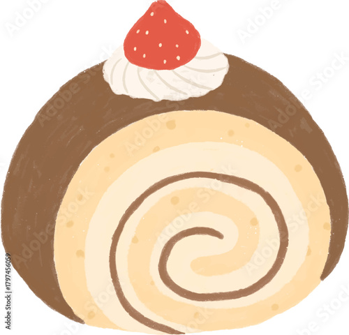 手描き風のかわいい苺のロールケーキイラスト