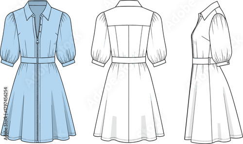 Cad drawing flat vector illustration of women’s button-down dress featuring front, back, and side technical fashion sketch with detailed seam and zipper design