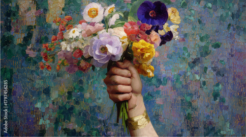 Vector illustration, hand holding a bouquet of flower, against  pastel color background. Oil painting