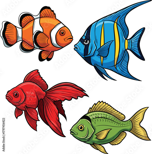 Colorful Set of Aquarium and Tropical Fish Vector Illustration - Clownfish, Angelfish, and Goldfish Graphic