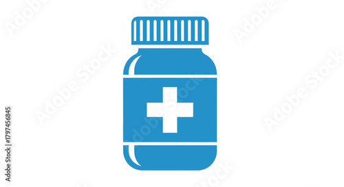 Blue Medicine Bottle with White Cross Symbol.