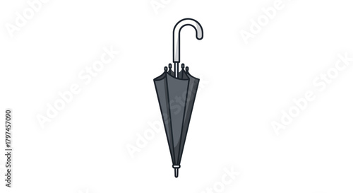 A simple illustration of a closed dark grey umbrella with a white J-hook handle.
