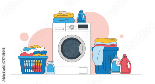 Modern home laundry room scene with an active washing machine, baskets full of clothes, and various detergent bottles on the shelf.