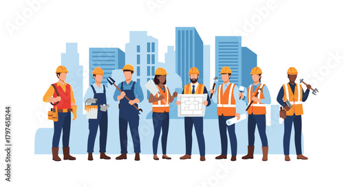 Diverse group of construction workers, engineers, and architects standing in front of a city skyline, representing various trades and professions.