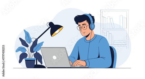 Young man with headphones working on a laptop at a desk with a lamp and plant, illustrating remote work, studying, or online learning.