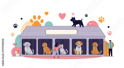 Animal shelter scene with various dogs and cats in individual cages, highlighting pet adoption and animal welfare efforts.