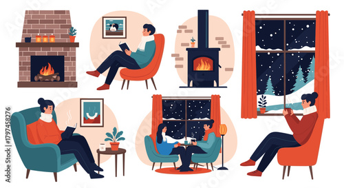 Collection of cozy winter scenes with people relaxing by fireplaces, reading books, and enjoying hot drinks during snowy weather.