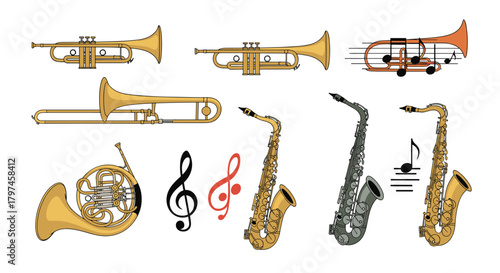 Collection of various brass musical instruments including trumpets, trombones, saxophones, and a French horn, with musical notes.