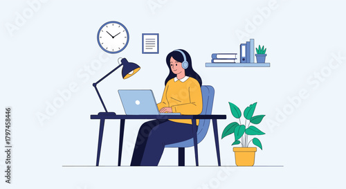 Young woman with headphones working on a laptop at a desk in a home office, demonstrating remote work or online education.