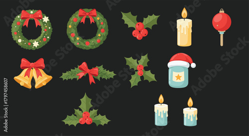 Collection of festive Christmas decorations including wreaths, holly, bells, and candles, illustrating holiday cheer and traditions.