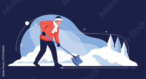 Man shoveling snow from a path in a wintry landscape with evergreen trees, depicting winter chores and cold weather activities.