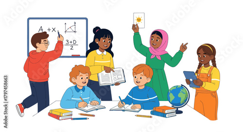 Diverse students learning in a classroom with a teacher globe and whiteboard.