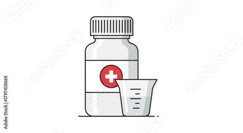 White Medicine Bottle with Red Cross Label and Measuring Cup.