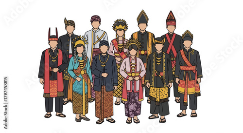 Diverse Group of People Wearing Traditional Indonesian Costumes Illustration.