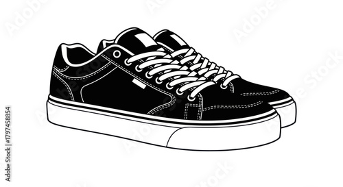 Black and White Pair of Stylish Sneakers Illustration.